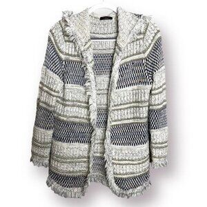 FYLO London Size S Neutral Striped Open Front Fringe Trim Hood Cardigan Sweater